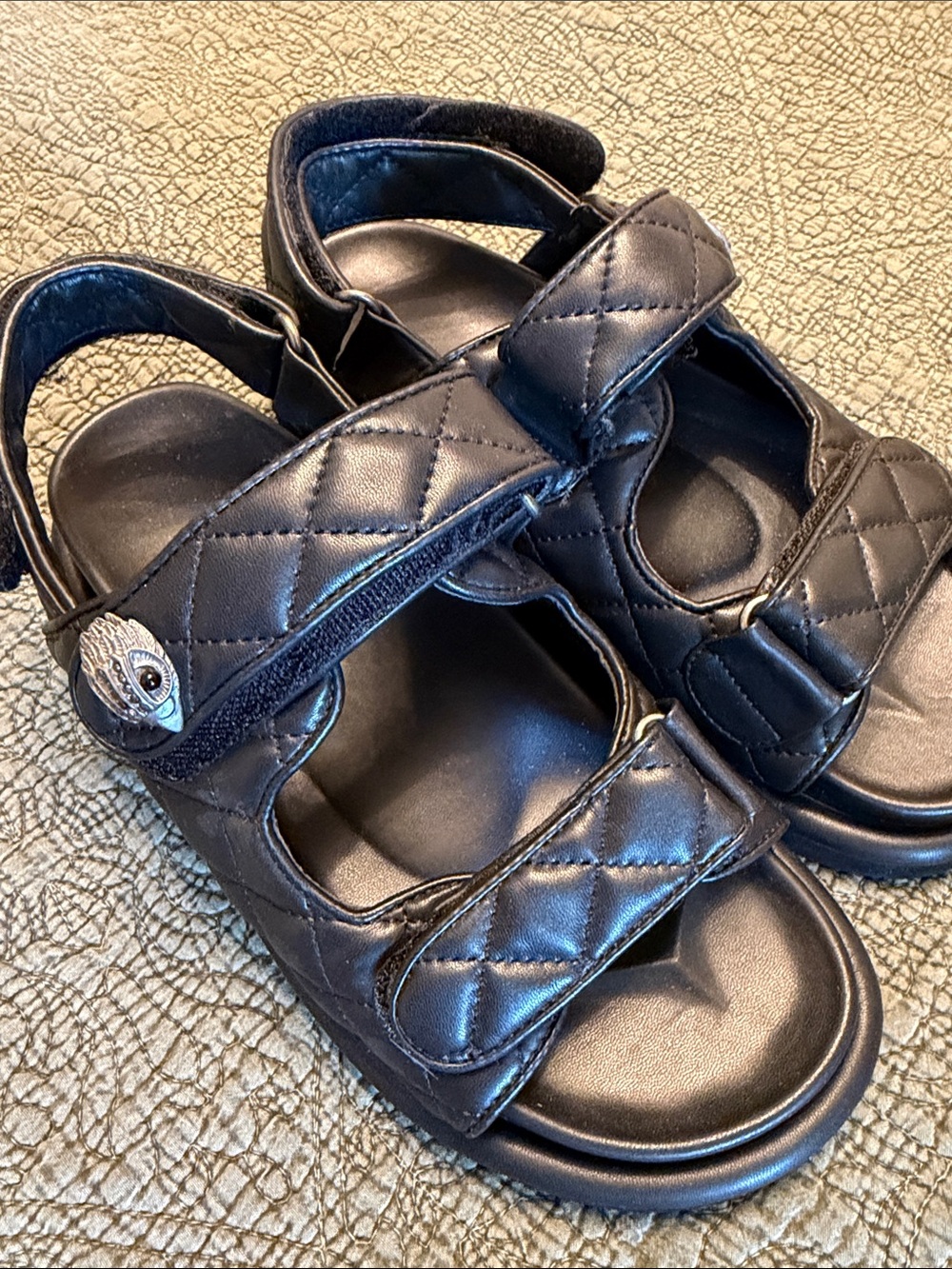 Kurt Geiger Black Quilted Leather Sandals with Silver Button Accent
